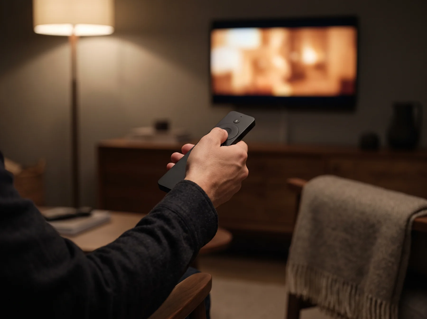 Hand holding a slim remote toward a softly glowing TV